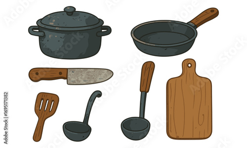 Rustic kitchen tools set with cooking utensils and cutting board