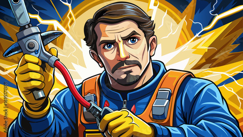 Close-up portrait of male electrician holding insulated pliers. Isolated background highlights safety, skill, and technical craft.