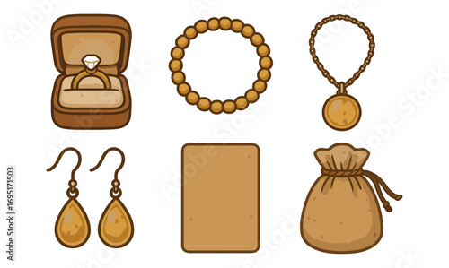 Elegant jewelry collection featuring rings, earrings, necklaces, and accessories in flat design