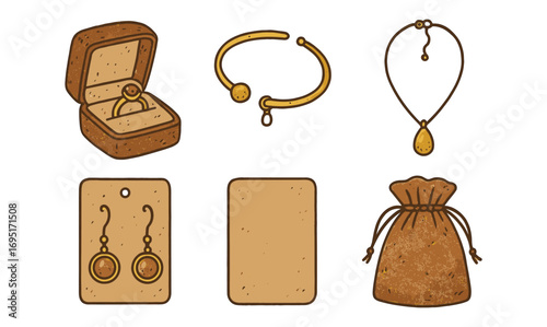 Elegant jewelry set with necklace, bracelet, earrings, ring, and gift box in textured design