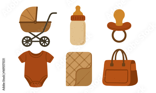 Charming baby essentials in cozy tones: stroller, bottle, pacifier, onesie, blanket, bag