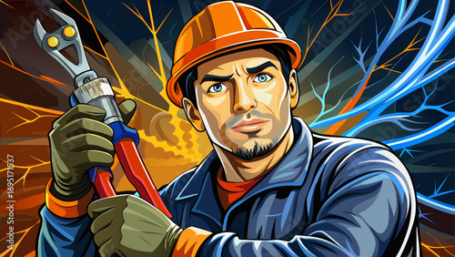 Close-up portrait of male electrician holding insulated pliers. Isolated background highlights safety, skill, and technical craft.