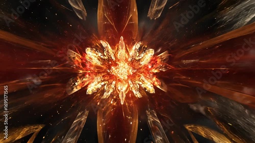 Cosmic explosion of red and gold particles, supernova effect, high-energy scene, black background, dynamic and powerful
