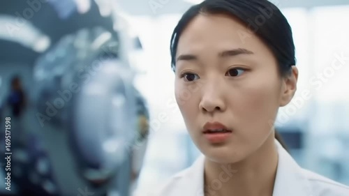 Woman observing futuristic robot head
