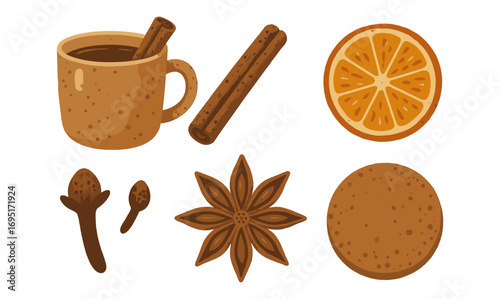 Winter spice collection with mug, cinnamon stick, orange slice, star anise, cloves, and cookie