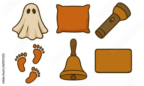 Cozy halloween objects set: ghost, pillow, flashlight, footprints, bell, rug