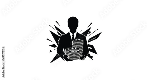 Silhouette of businessman carrying a large stack of documents with abstract background