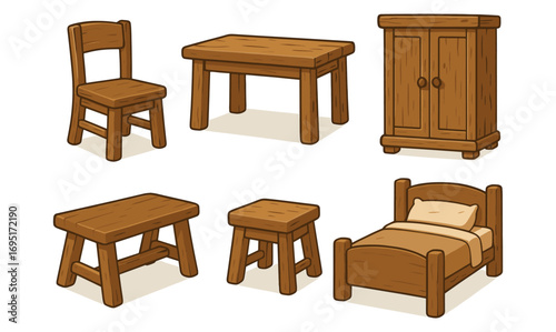 Rustic wooden furniture set with chair, table, wardrobe, and bed