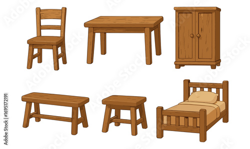 Rustic wooden furniture set: chair, table, wardrobe, bench, stool, bed designs