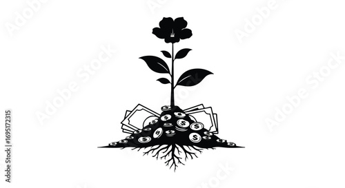 Dark silhouette of a blooming flower growing from a mound of watchful eyes and roots.