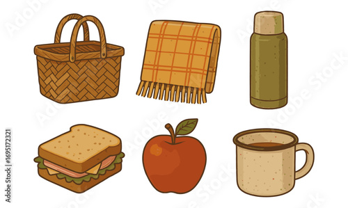 Cozy picnic essentials: basket, blanket, thermos, sandwich, apple, mug
