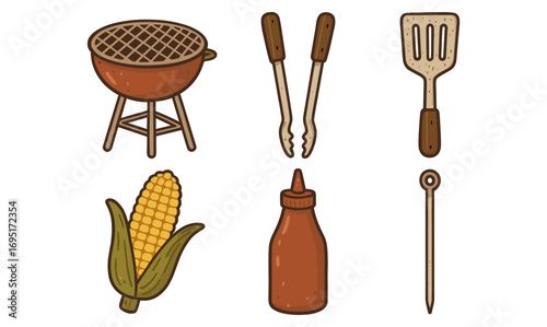 Rustic barbecue tools and ingredients in cartoon style