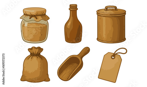 Vintage rustic kitchenware set with jar, bottle, and scoop in retro style