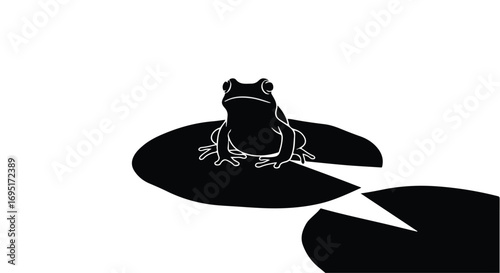 A stylized black frog sits serenely on a lily pad, surrounded by water.