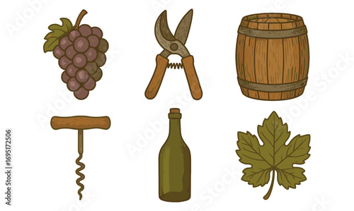 Rustic winery elements: grapes, tools, and barrel in vintage design