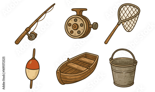 Vintage fishing gear set with rod, reel, boat, and accessories