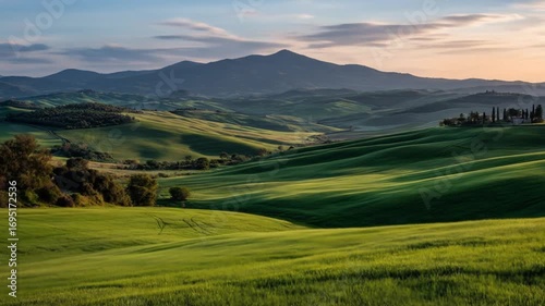 Picturesque rolling hills of Tuscany bathed in soft morning light.