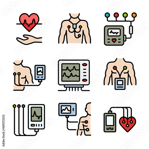 Holter Monitor Color Icons Set. Portable ECG Monitoring. Dynamic ECG System. Digital Heart Rate Analyzer and Recorder. Medical symbols isolated on white background.