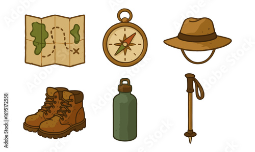 Vintage adventure icons: compass, map, hat, boots, bottle, hiking stick