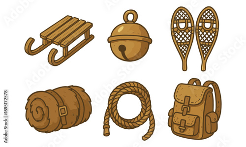 Rustic winter gear: vintage sled, bell, snowshoes, and more