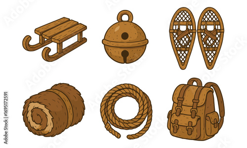 Rustic winter gear collection: vintage sled, bell, snowshoes, rucksack, rope, and blanket