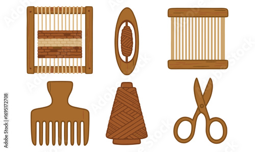 Rustic weaving tools set with yarn, shuttle, loom, comb and scissors in flat design