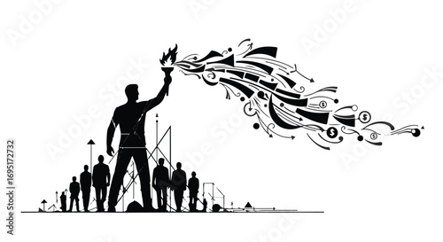 Visionary leader ignites imagination with a fiery torch, inspiring a diverse crowd towards a future of innovation.