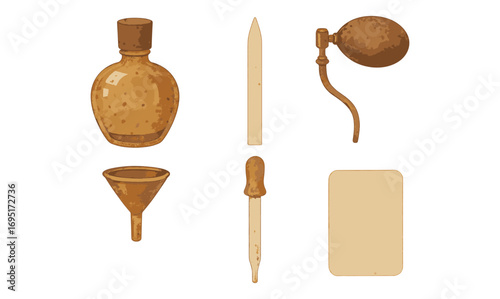 Vintage perfume tools set in watercolor style with classic bottles, funnels, and droppers