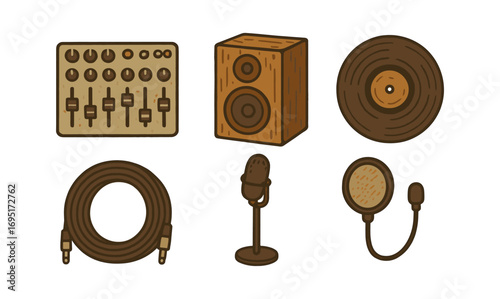 Vintage audio equipment collection featuring turntable speaker and microphone