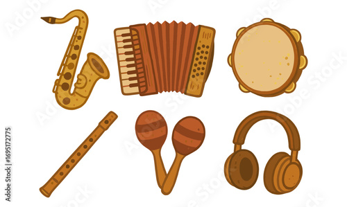 Vintage musical instruments set with saxophone, accordion, and tambourine in retro style