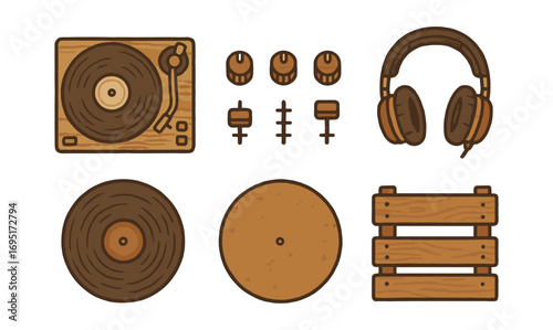 Retro music gear in hand drawn style featuring turntable, headphones, vinyl records, and wooden crate