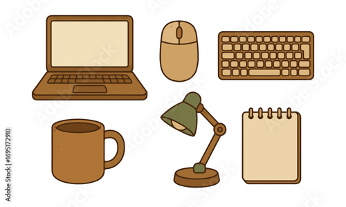 Retro office supplies set with laptop, mouse, keyboard, lamp, mug, and notepad in vintage paper style