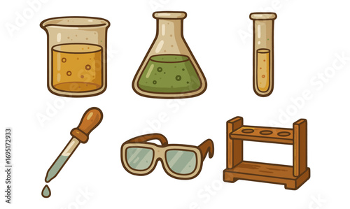 Retro cartoon chemistry lab equipment set in vintage style