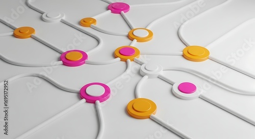 Abstract 3D network nodes with curved connectors in pink and orange design.