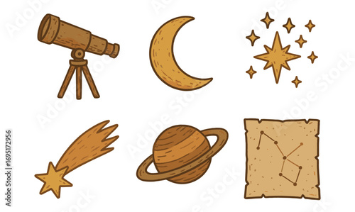 Vintage astronomy icons: telescope, celestial bodies, and star map