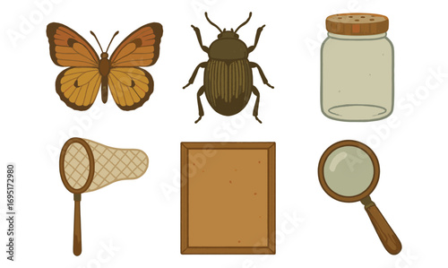 Vintage insect and collecting tools set in rustic style
