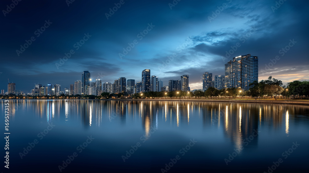 Naklejka premium A skyline glows with reflection, the lively scene illuminated by gentle light. Skyline, reflection, with copy space