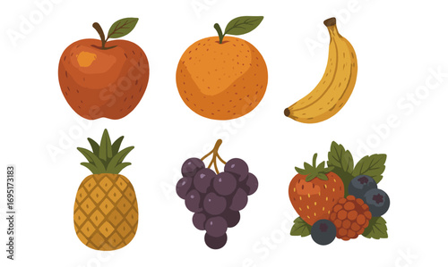 Vintage style fruit icons featuring apple, orange, banana, pineapple, grapes, strawberries, and berries