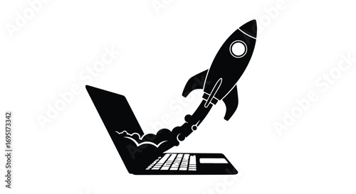 Rocket launching from laptop screen symbolizing rapid digital innovation and startup growth.