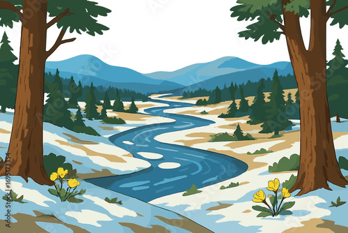 A spring scene featuring tall trees, a river, forest, melting snow, budding flowers, drifting ice, and a beautiful vector illustration of the background