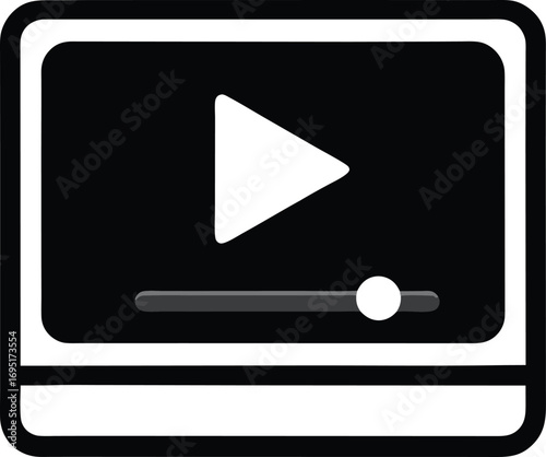 black and white flat video player icon with play button and progress bar