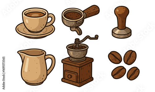 Vintage coffee tools with grinder, cup, and beans in rustic hand-drawn style