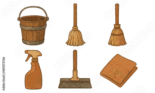 Rustic cleaning tools collection in hand-drawn vintage design