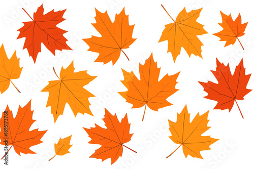 Realistic depiction of maple leaves falling in September, orange foliage drifting from the tree onto the ground, isolated on a transparent background, vector illustration of autumn forest