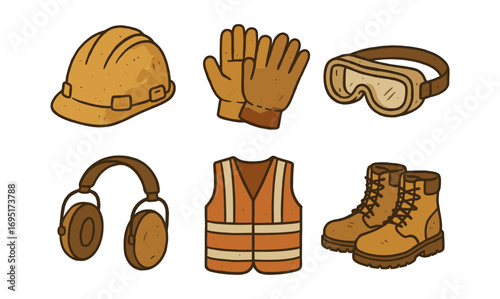 Detailed hand-drawn safety equipment including helmet, gloves, and boots