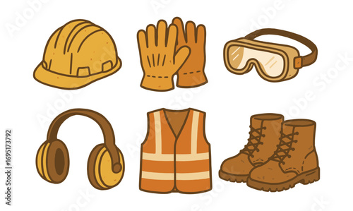 Essential construction safety equipment icons in rustic style