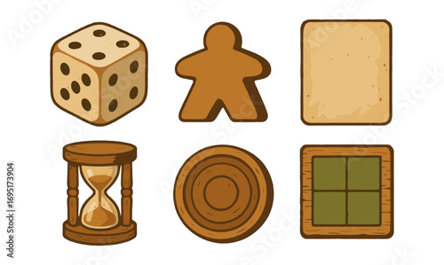 Retro board game pieces: dice, meeple, card, timer, token, tile illustrations
