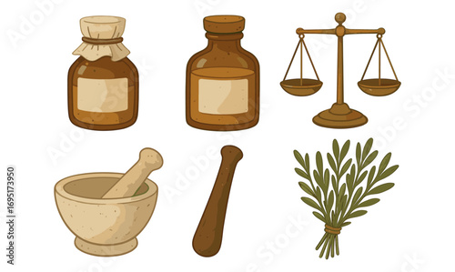 Vintage apothecary elements with scales and herbs in flat design