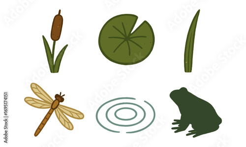 Nature elements: dragonfly, frog, cattail, and lily pad in minimalist design