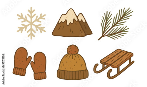 Winter essentials collection: cozy mittens, warm hat, snowflake, mountain, pine, sled